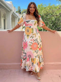 Ivy | Vestito Lungo Maxi con Stampa Floreale e Collo Quadrato