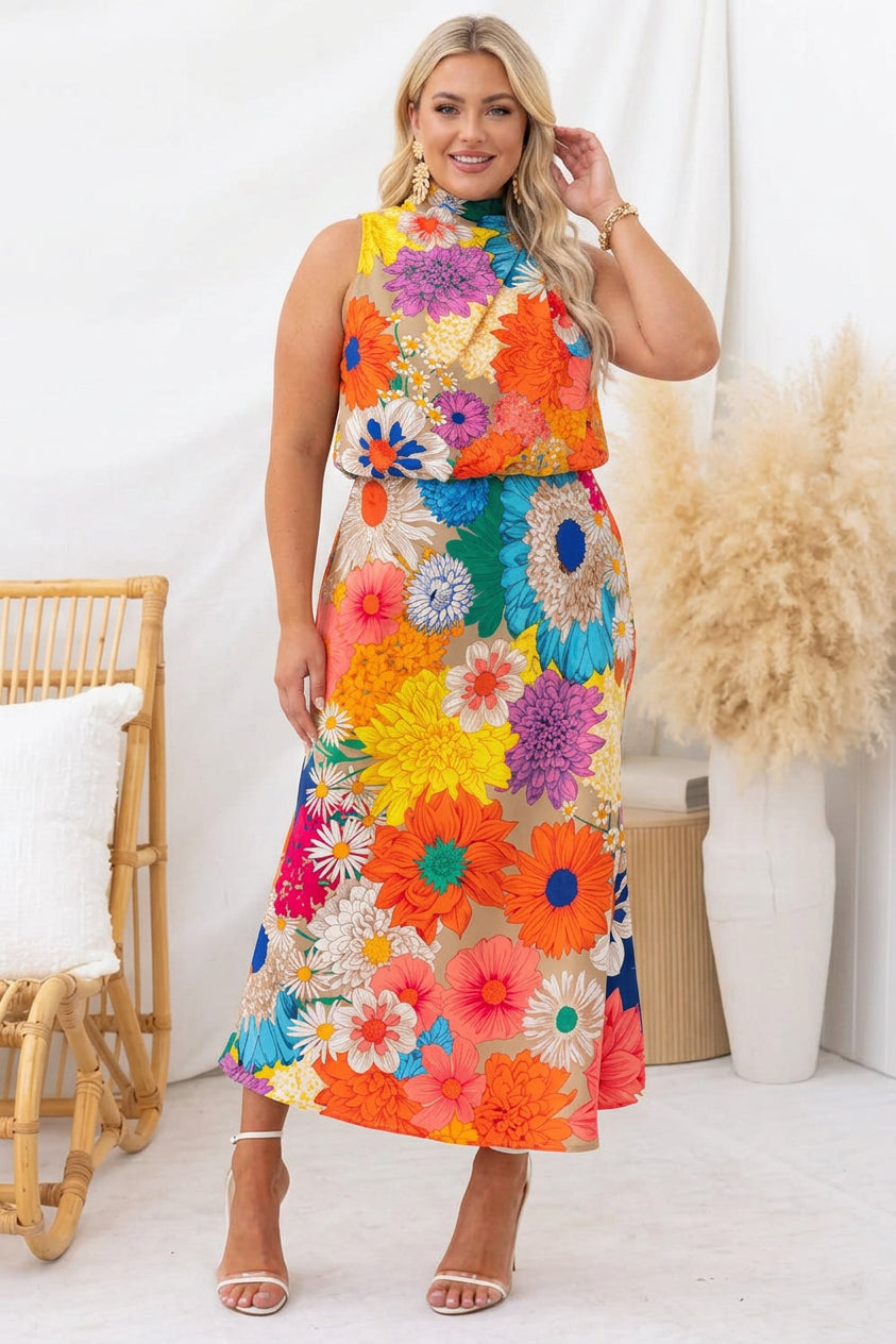 Giulia | Vestito Maxi Senza Maniche con Collo Annodato e Stampa Floreale in Vita