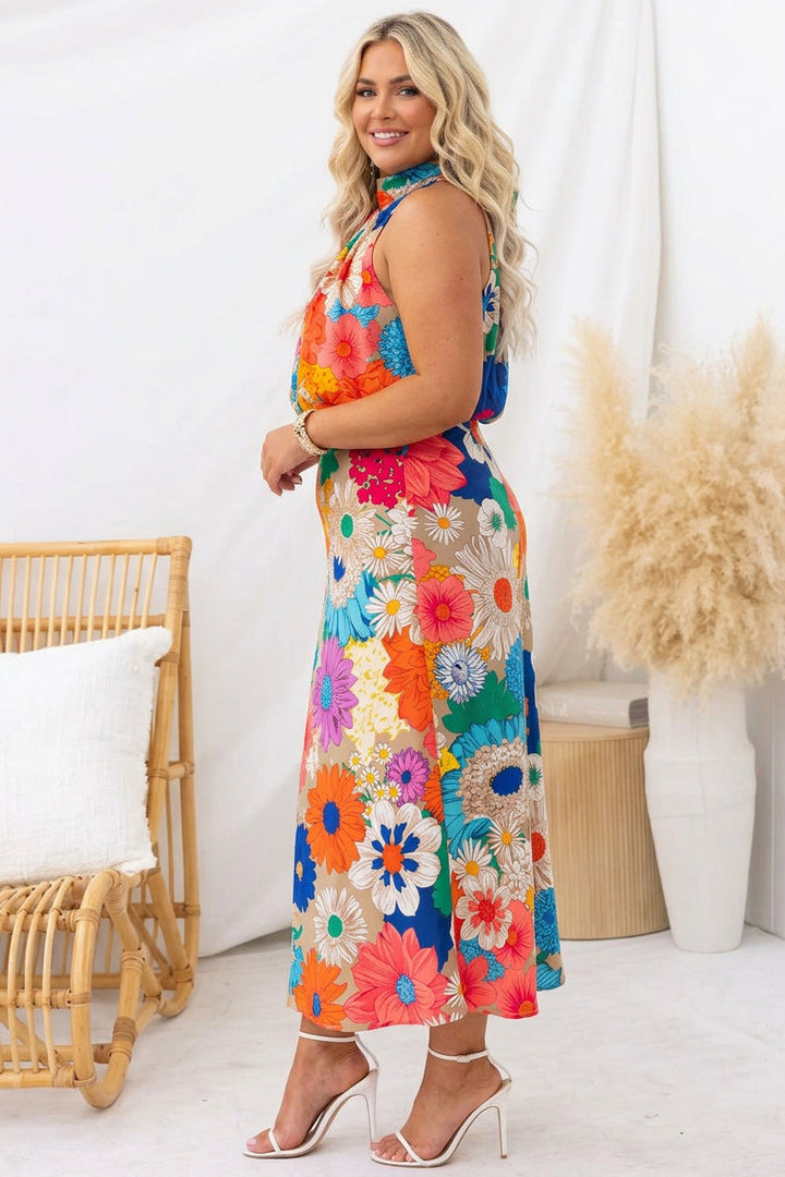 Giulia | Vestito Maxi Senza Maniche con Collo Annodato e Stampa Floreale in Vita