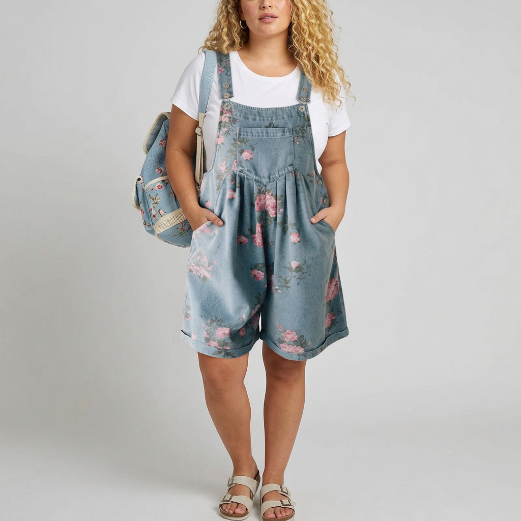 Judy | Tuta in Denim Lavato Vintage con Stampa Floreale e Sensazione di Cotone Morbido