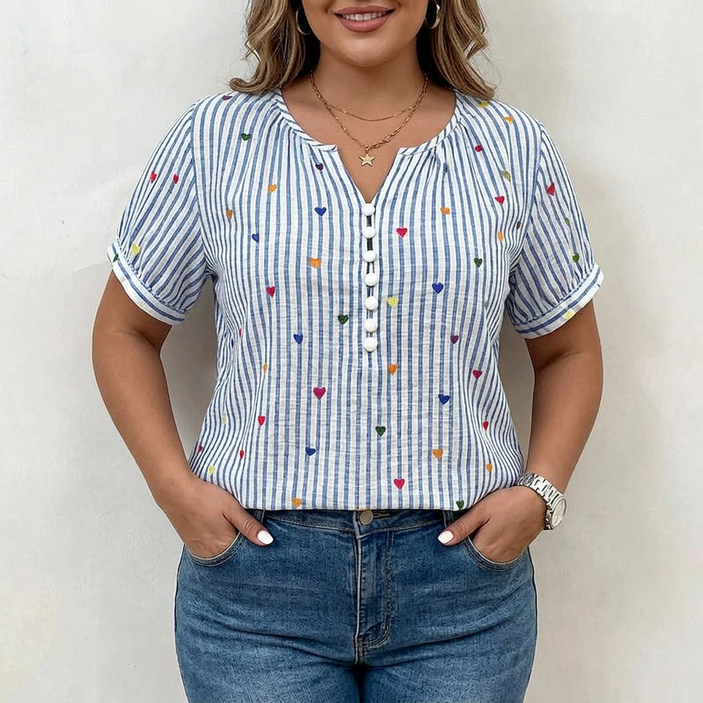 Olivia | Blusa a Righe con Stampa Cuori