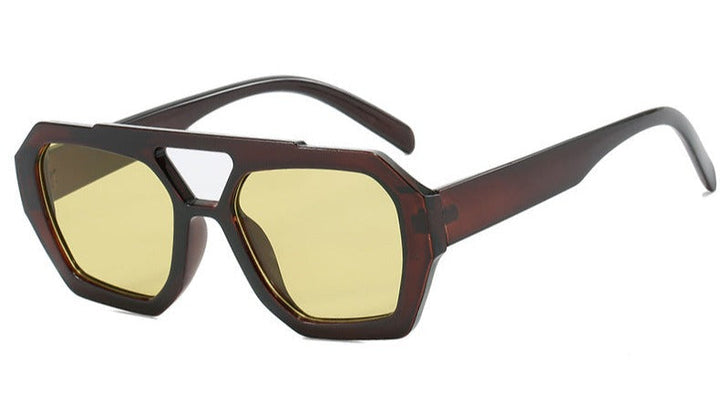 Occhiali da sole, montatura geometrica con doppio ponte, acetato, giallo/marrone, Donna