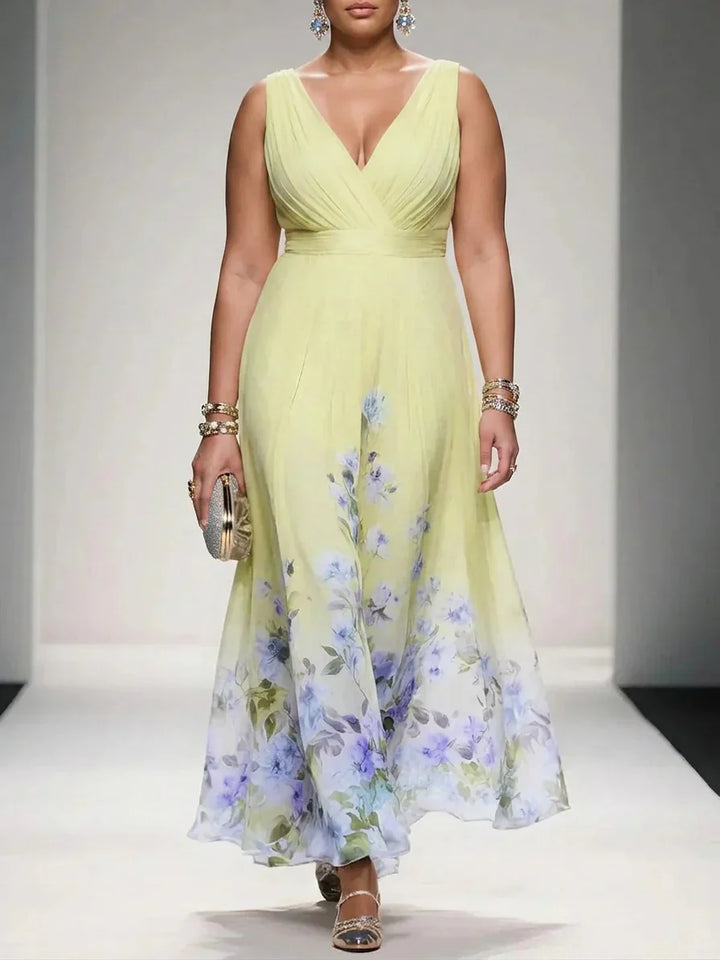 Rosa | Abito Lungo in Chiffon Floreale Azzurro con Scollo a V
