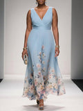 Rosa | Abito Lungo in Chiffon Floreale Azzurro con Scollo a V