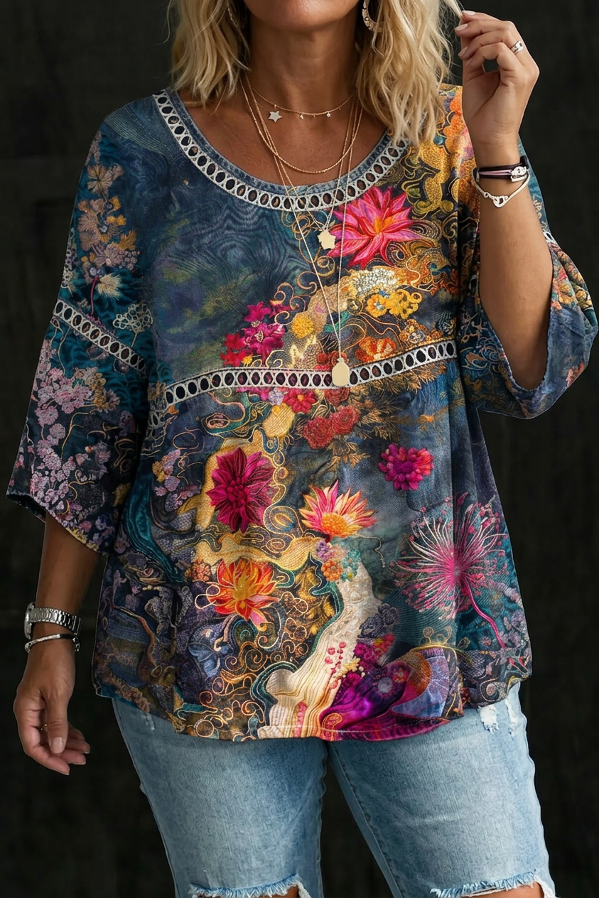Nicole | Blusa in Denim Floreale Vintage