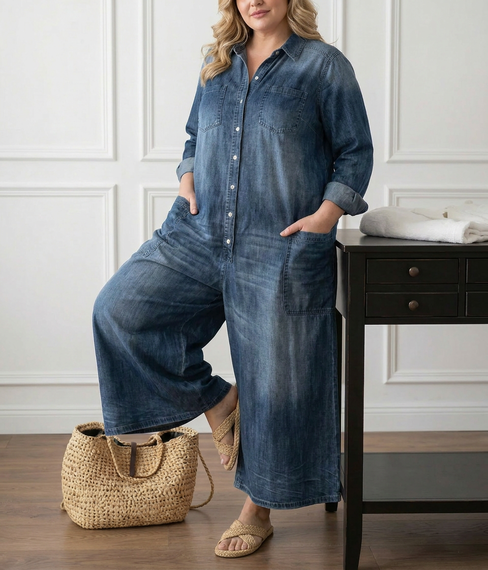 Diana | Tutone in Denim di Cotone Vintage Lavato con Chiusura a Bottoni