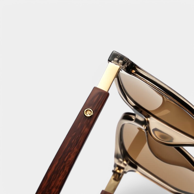 Occhiali da sole, gambe in finto legno marrone, plastica e legno sintetico, Donna