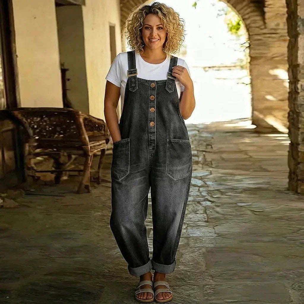 Mae | Salopette in Cotone Morbido con Aspetto Denim Vintage e Bretelle Regolabili