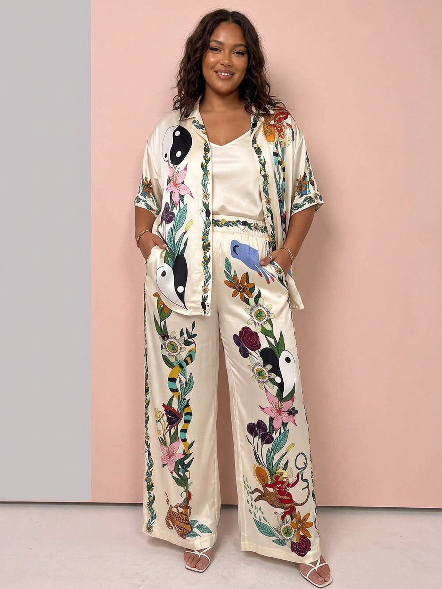 Nika | Set camicia e pantaloni in satin Resort Vibes con stampa unica