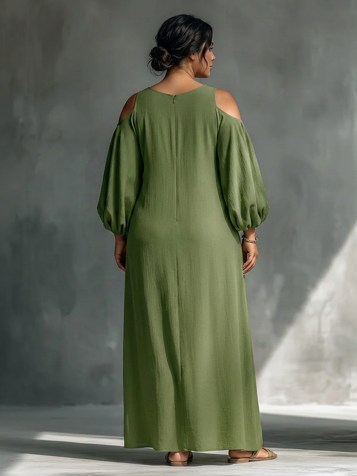 Anika | Abito Lungo Verde con Spalla Scoperta e Manica a Palloncino