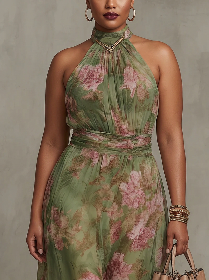 Lucia | Abito Lungo Halter in Chiffon Floreale Verde