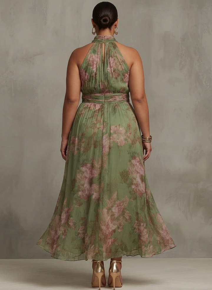 Lucia | Abito Lungo Halter in Chiffon Floreale Verde