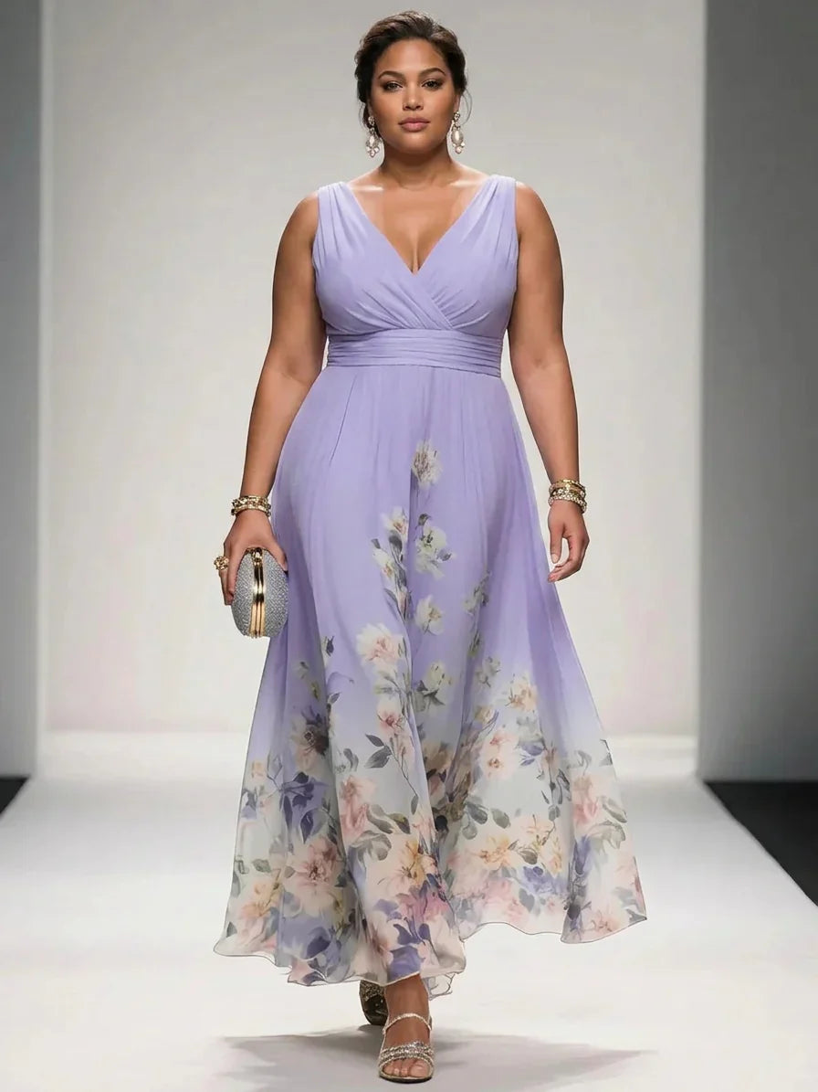 Rosa | Abito Lungo in Chiffon Floreale Azzurro con Scollo a V