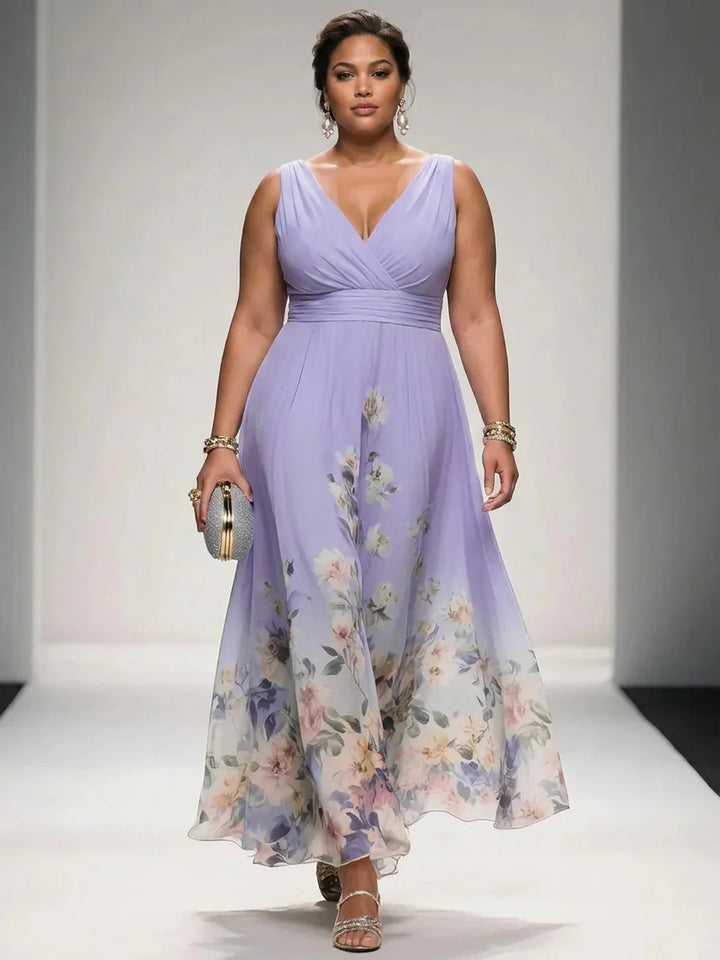 Rosa | Abito Lungo in Chiffon Floreale Azzurro con Scollo a V