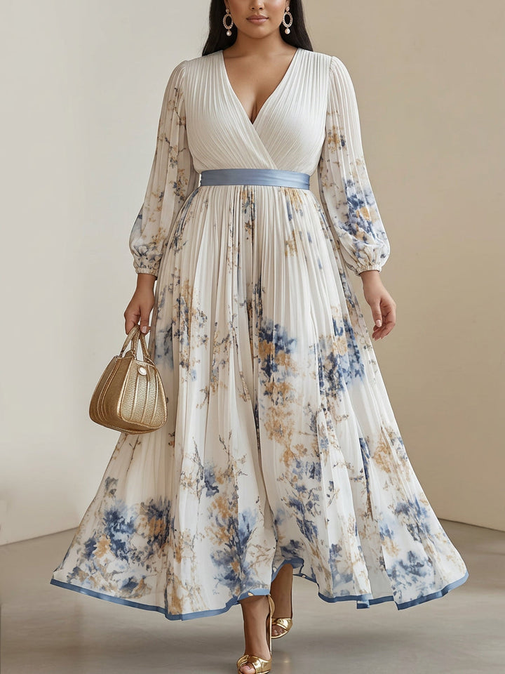 Amalia | Abito Maxi in Chiffon Floreale Bianco con Maniche a Palloncino