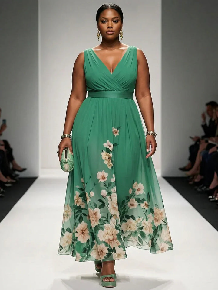 Rosa | Abito Lungo in Chiffon Floreale Azzurro con Scollo a V