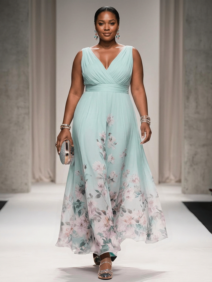 Rosa | Abito Lungo in Chiffon Floreale Azzurro con Scollo a V