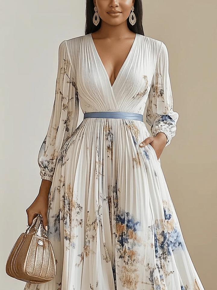 Amalia | Abito Maxi in Chiffon Floreale Bianco con Maniche a Palloncino