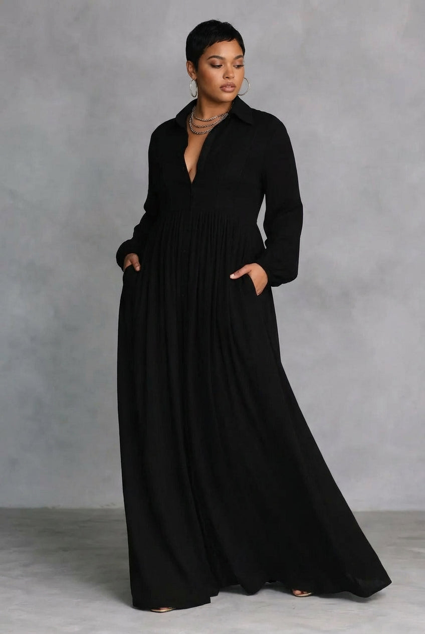 Celine | Abito Maxi Button-Front Nero Fluente