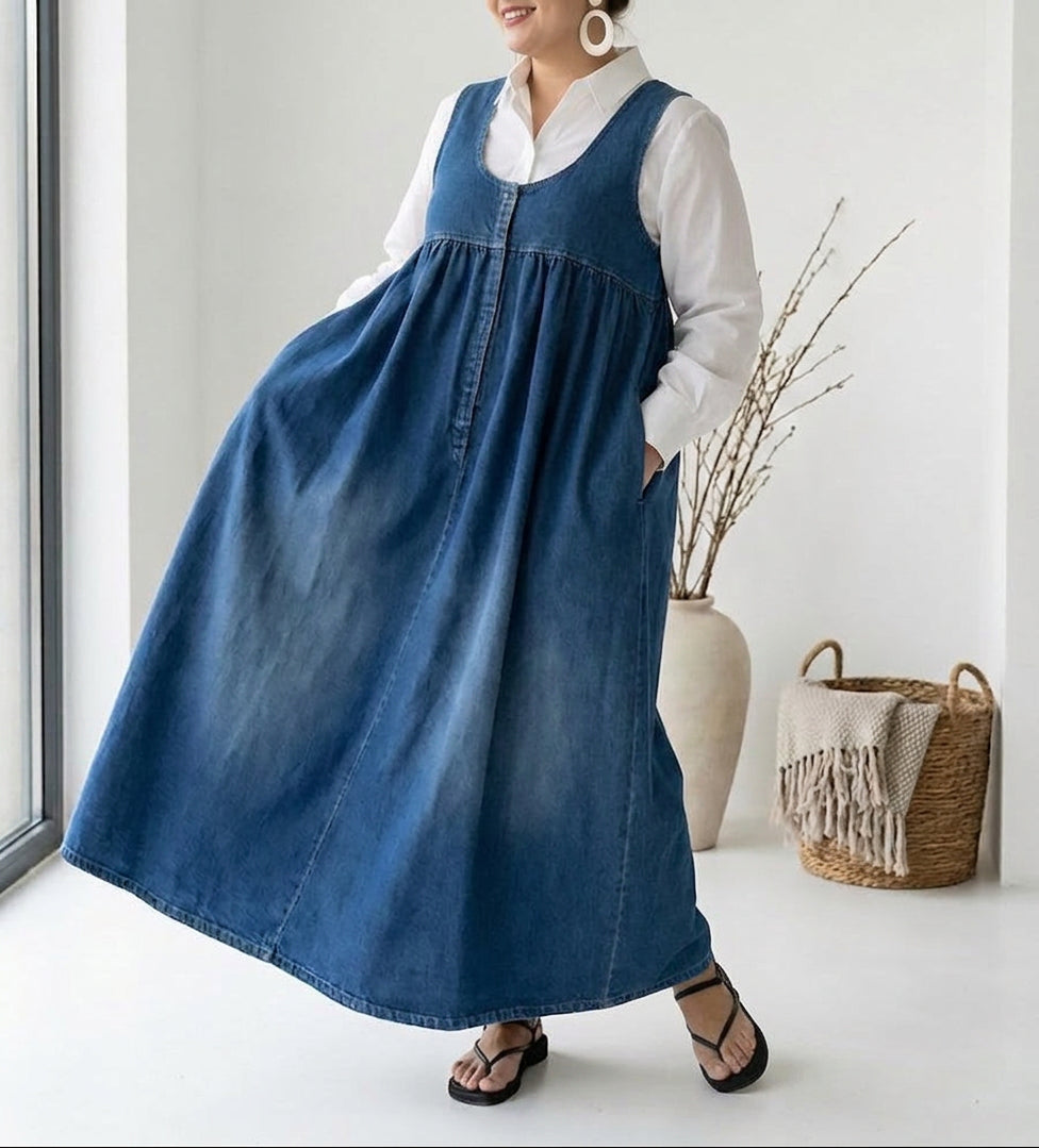 Karen | Vestito Lungo in Denim di Cotone Morbido Effetto Vintage Lavato